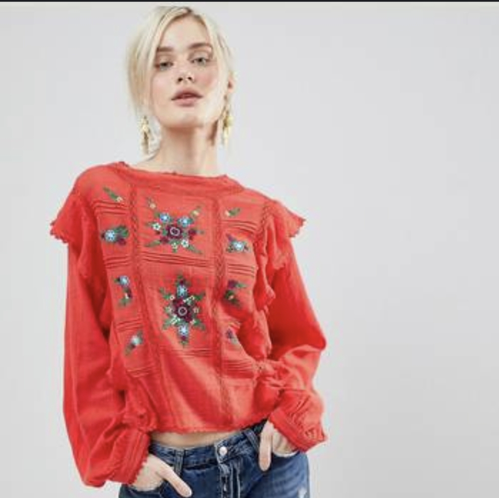 Free People Amy High Neck Embroidery Top